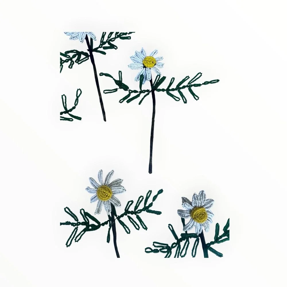 Vintage French Beaded Daisy Flowers 10 Stems Seed Bead Handmade Floral Decor